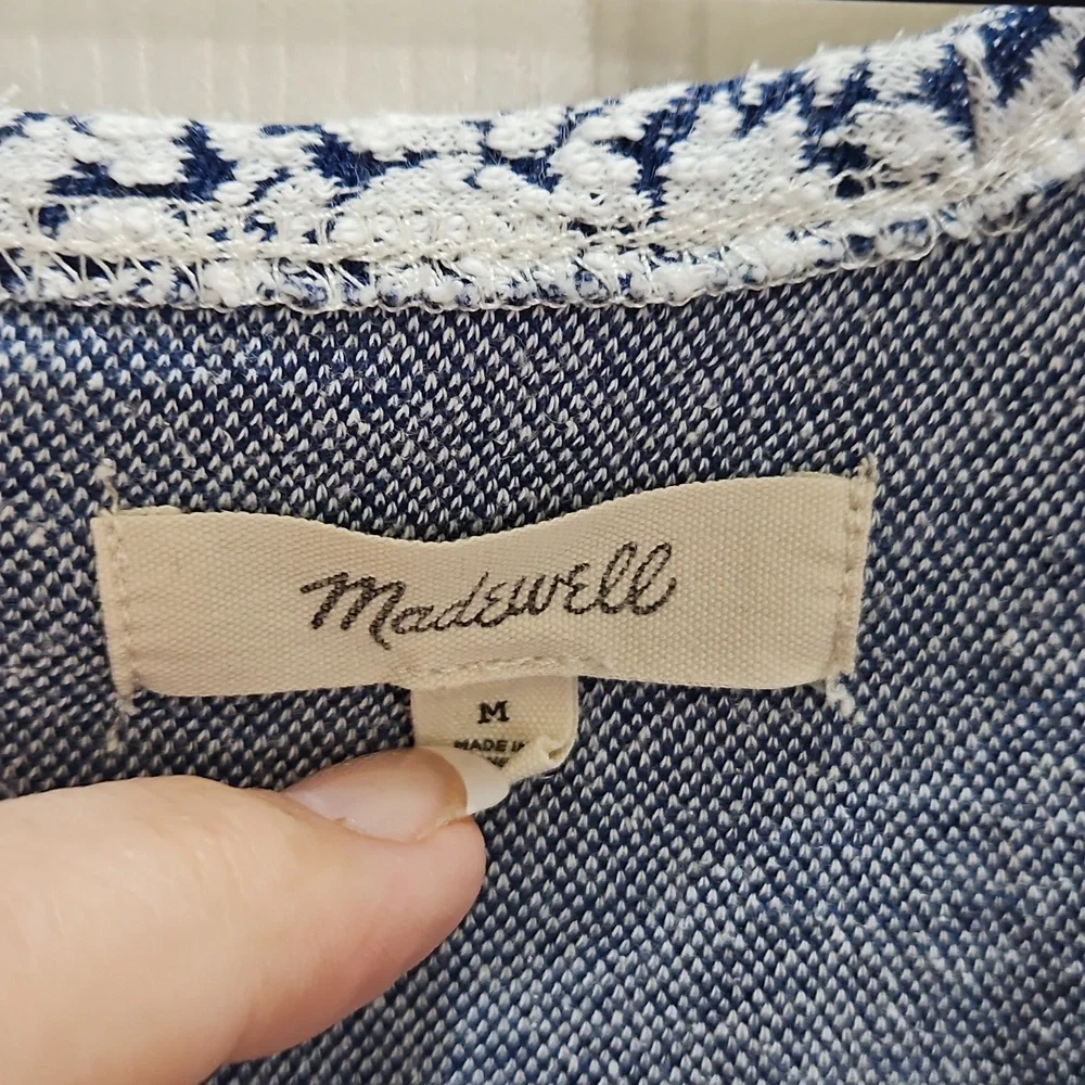 Madewell Blue Embossed Floral Square Neck Top Sz M